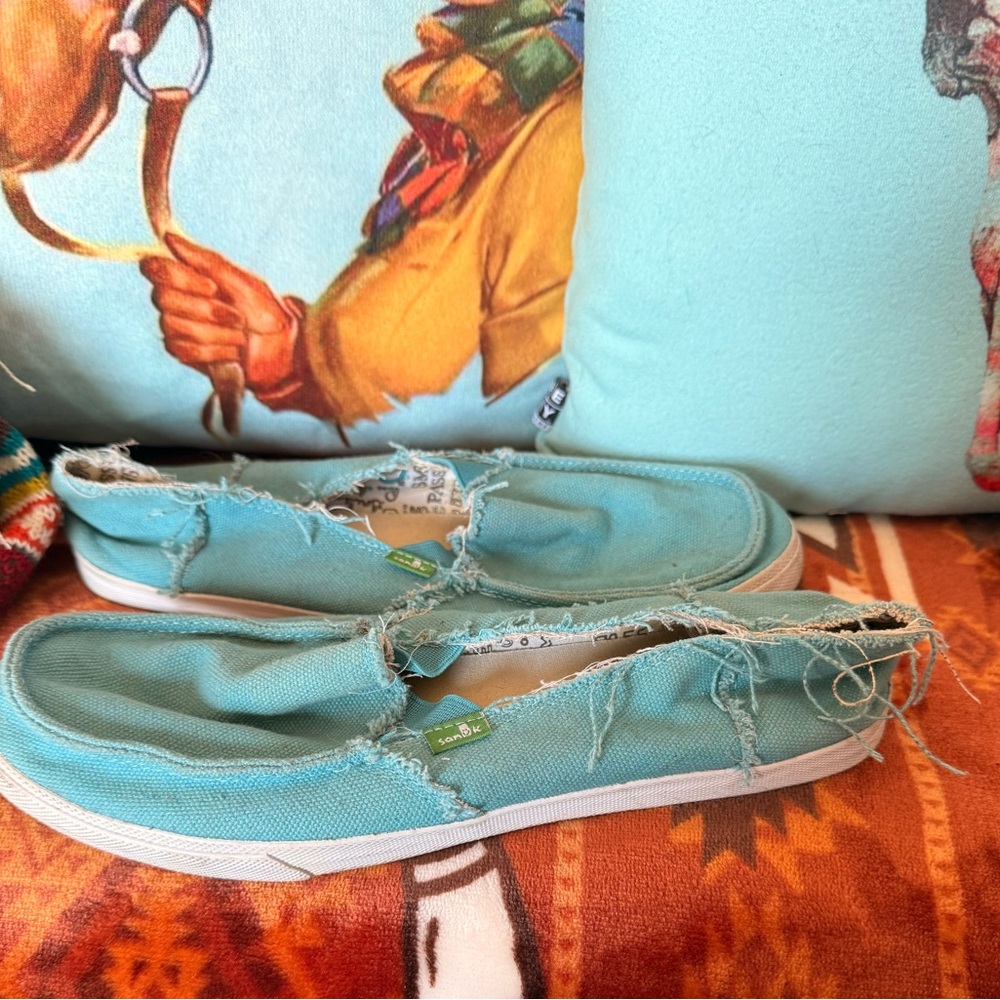 Sanuk teal aqua canvas loafers, specifically part of their Sidewalk Surfer